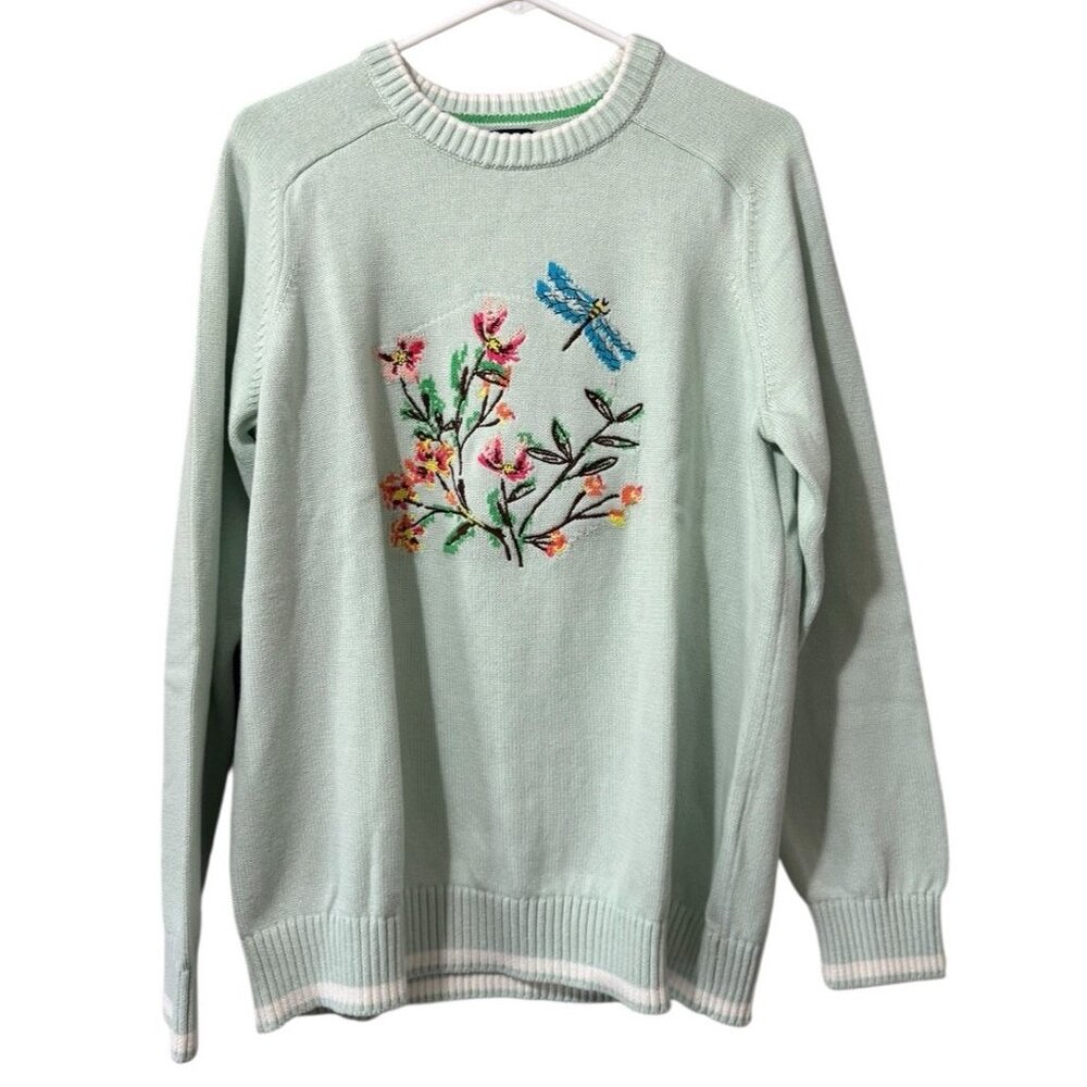 Land’s End Women Size Large Embroidered Dragonfly Sweater Crewneck Cotton Knit